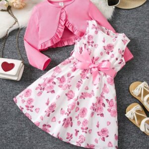 فستان بناتي أنيق 3 قطع (فستان + بلورو + حزام)